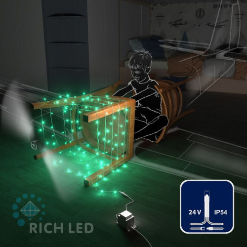 Светодиодная гирлянда Rich LED 10 м, 100 LED, 24 В, соединяемая, зеленая, прозрачный провод, цена за 1 шт