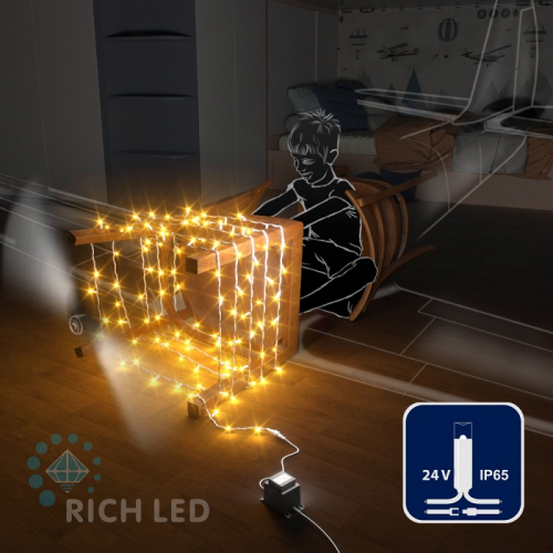 Светодиодная гирлянда Rich LED 10 м, 100 LED, 24В, соединяемая, влагозащитный колпачок, желтая, белый провод,, цена за 1 шт