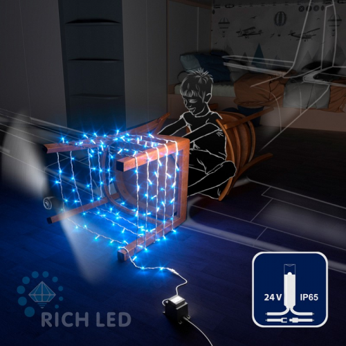Светодиодная гирлянда Rich LED 10 м, 100 LED, 24В, соединяемая, влагозащитный колпачок, синяя, белый провод,, цена за 1 шт