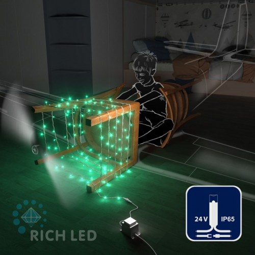 Светодиодная гирлянда Rich LED 10 м, 100 LED, 24В, соединяемая, влагозащитный колпачок, зеленая, белый провод,, цена за 1 шт