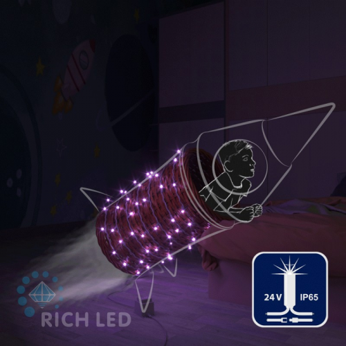 Светодиодная гирлянда Rich LED 10 м, 100 LED, 24В, соединяемая, влагозащитный колпачок, фиолетовая, мерцающая, белый провод,, цена за 1 шт