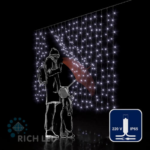 Светодиодный занавес (дождь) Rich LED 2*1.5 м облегченный, влагозащитный колпачок, белый, белый провод,, цена за 1 шт