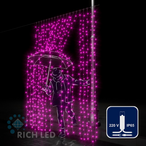 Светодиодный занавес (дождь) Rich LED 2*3 м, влагозащитный колпачок, розовый, белый провод,, цена за 1 шт