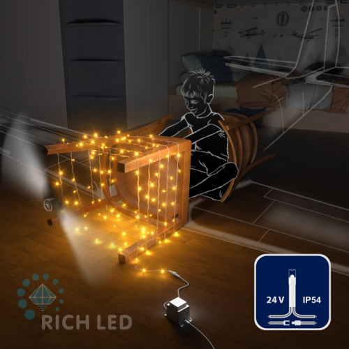 Светодиодная гирлянда Rich LED 10 м, 100 LED, 24 В, соединяемая, желтая, прозрачный провод,, цена за 1 шт