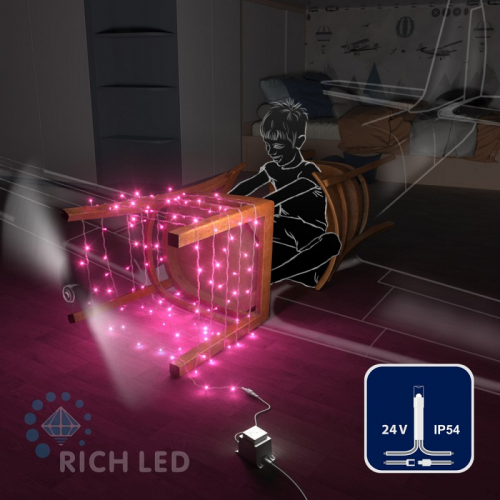 Светодиодная гирлянда Rich LED 10 м, 100 LED, 24 В, соединяемая, розовая, прозрачный провод, цена за 1 шт