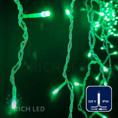 Светодиодная бахрома Rich LED, 3*0.5 м, зеленая, прозрачный провод,, цена за 1 шт