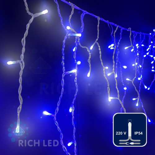 Светодиодная бахрома Rich LED, 3*0.5 м, сине-белая, прозрачный провод,, цена за 1 шт