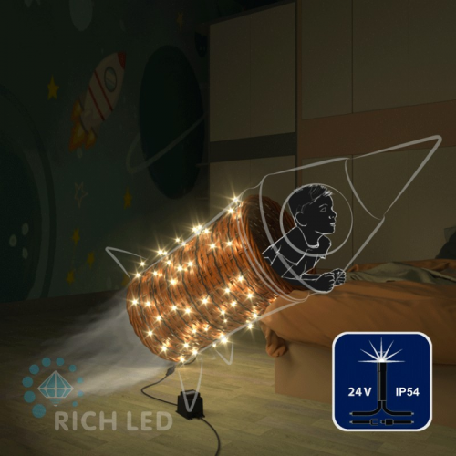 Светодиодная гирлянда Rich LED 10 м, 100 LED, 24 В, соединяемая, теплая белая, мерцающая, черный провод,, цена за 1 шт