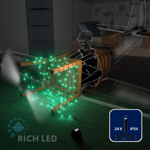Светодиодная гирлянда Rich LED 10 м, 100 LED, 24 В, соединяемая, зеленая, черный провод,, цена за 1 шт