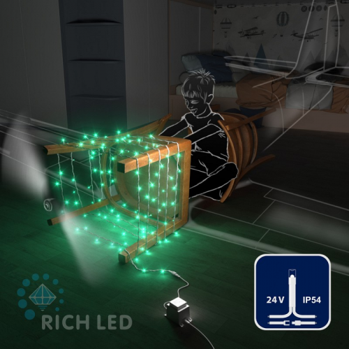 Светодиодная гирлянда Rich LED 10 м, 100 LED, 24 В, соединяемая, зеленая, белый провод, цена за 1 шт