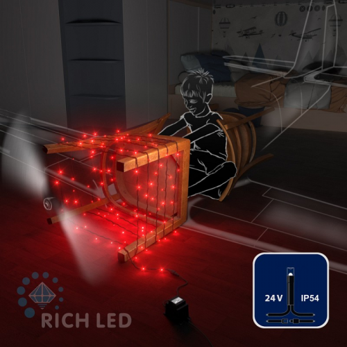 Светодиодная гирлянда Rich LED 10 м, 100 LED, 24 В, соединяемая, красная, черный провод,, цена за 1 шт