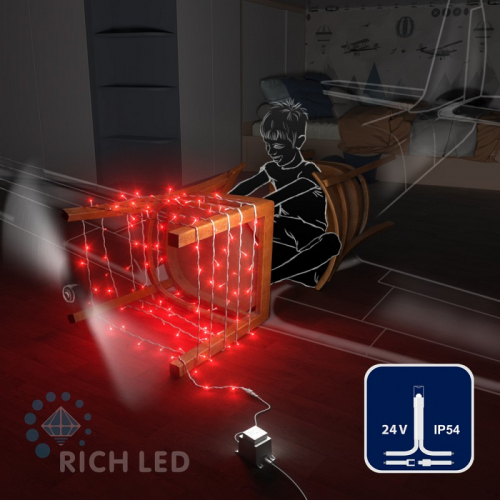 Светодиодная гирлянда Rich LED 10 м, 100 LED, 24 В, соединяемая, красная, белый провод,, цена за 1 шт