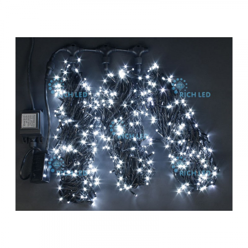 Светодиодная гирлянда Rich LED 3 Нити по 20 м с 2-х канальным контр., 600 LED, 24 В, белая, черный провод,, цена за 1 шт