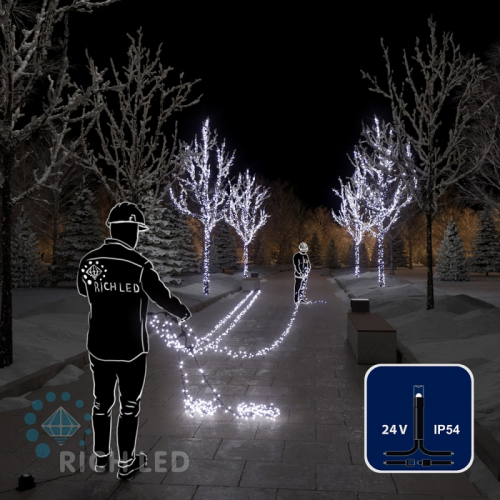 Светодиодная гирлянда Rich LED 5 Нитей по 20 м, 1000 LED, 24 В, белая, черный провод,, цена за 1 шт