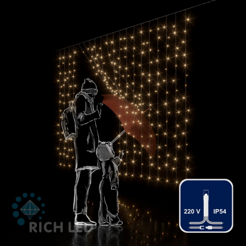 Светодиодный занавес (дождь) Rich LED 2*1.5 м облегченный, теплый белый, прозрачный провод,, цена за 1 шт