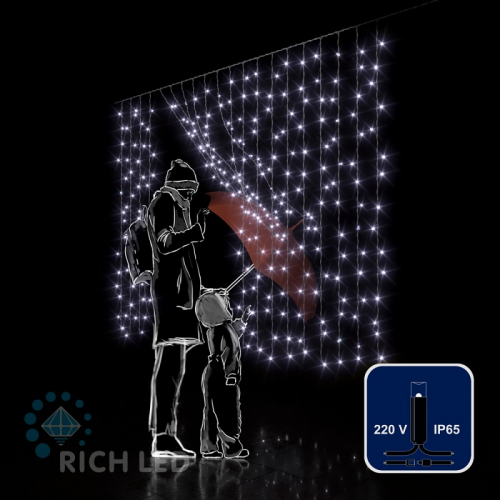 Светодиодный занавес (дождь) Rich LED 2*1.5 м облегченный, влагозащитный колпачок, белый, черный провод,, цена за 1 шт