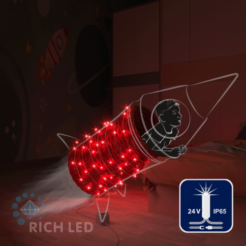 Светодиодная гирлянда Rich LED 10 м, 100 LED, 24В, соединяемая, влагозащитный колпачек, красная, мерцающая, прозрачный провод,, цена за 1 шт
