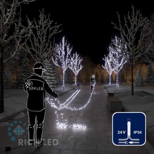 Светодиодная гирлянда Rich LED 5 Нитей по 20 м, 1000 LED, 24 В, белая, прозрачный провод,, цена за 1 шт