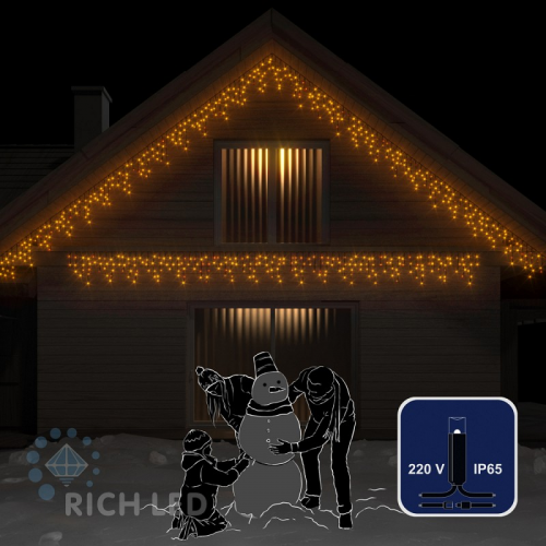 Светодиодная бахрома Rich LED, 3*0.5 м, влагозащитный колпачок IP65, желтая, черный провод,, цена за 1 шт