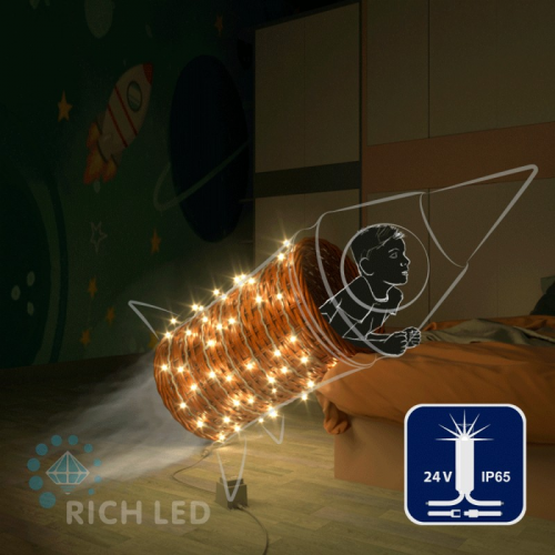 Светодиодная гирлянда Rich LED 10 м, 100 LED, 24В, соединяемая, влагозащитный колпачок, теплая белая, мерцающая, белый провод,, цена за 1 шт
