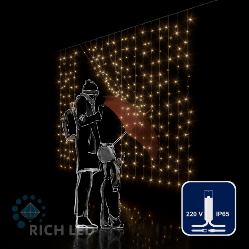 Светодиодный занавес (дождь) Rich LED 2*1.5 м облегченный, влагозащитный колпачок, тепло белый, белый провод,, цена за 1 шт