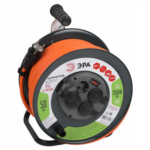RMx-4es-3x2.5-50m-IP44 Удлинитель силовой ЭРА RMx-4es-3x2.5-50m-IP44 на металлической катушке с заземлением с выключателем 4 розетки 50м ПВС, цена за 1 шт