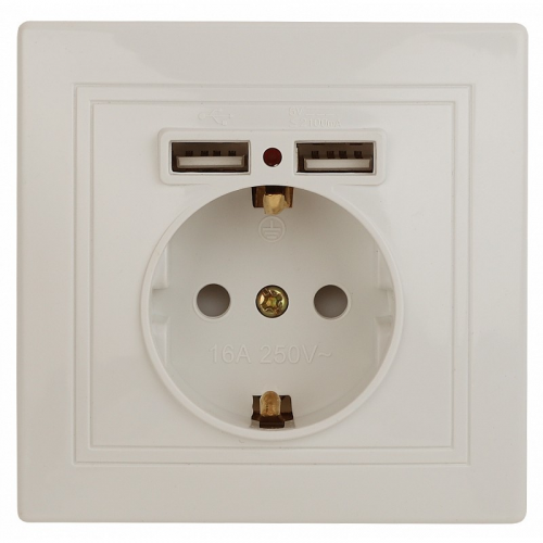 1-410-02 Розетка Intro Plano 1-410-02 с заземлением 2P+E Schuko со шторками, 16А-250В + 2хUSB 5В-2,1А, IP20, СУ, слоновая кость, цена за 1 шт