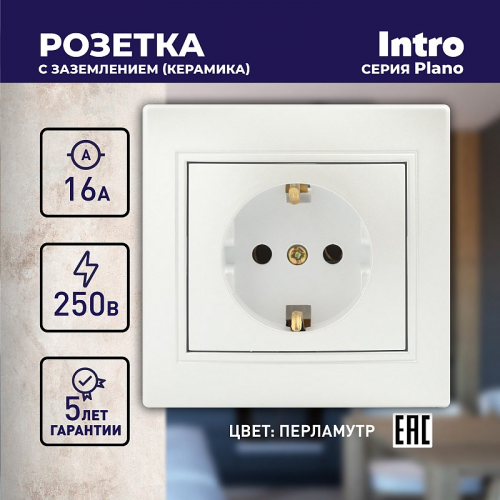 1-202-06 Розетка Intro Plano 1-202-06 с заземлением 2P+E Schuko, 16А-250В, IP20, СУ, перламутр, цена за 1 шт