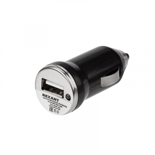 Зарядное устройство в прикуриватель REXANT USB, 5V, 1000mA, черное, LED индикация, цена за 1 шт