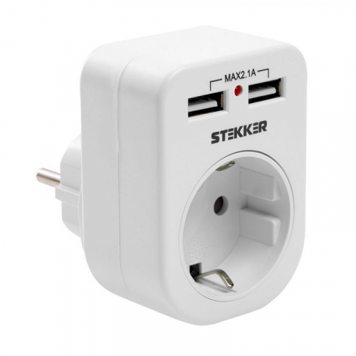 Переходник сетевой с/з (+ 2 USB 2,1А), 250В, 16A, ADP16-24-20, белый, цена за 1 шт