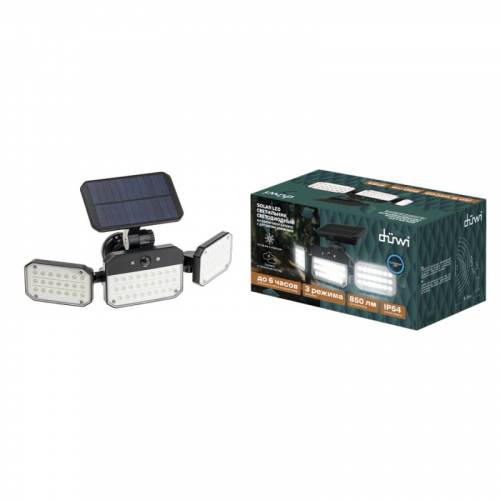 25028 9 Светильник светодиодный, SOLAR LED, на солнечных батареях, 3 режима освещения, поворотный, 14Вт, 6500К, 850Лм, IP54, с датчиком движения, черный, 25028 9, duwi, цена за 1 шт