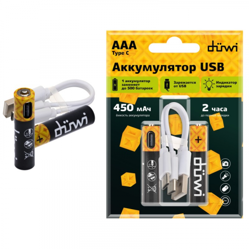 62012 9 Аккумулятор, USB-C, Li-Ion, AАA,1.5V, 450 мАч, 2шт., кабель для зарядки, 62012 9, duwi, цена за 1 шт