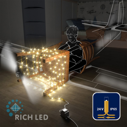 Светодиодная гирлянда Rich LED 10 м, 100 LED, 24В, соединяемая, влагозащитный колпачок, статика, теплая белая, желтый провод,, цена за 1 шт
