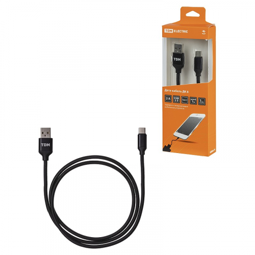 Дата-кабель, ДК 8, USB - USB Type-C, 1 м, тканевая оплетка, черный, TDM, цена за 1 шт