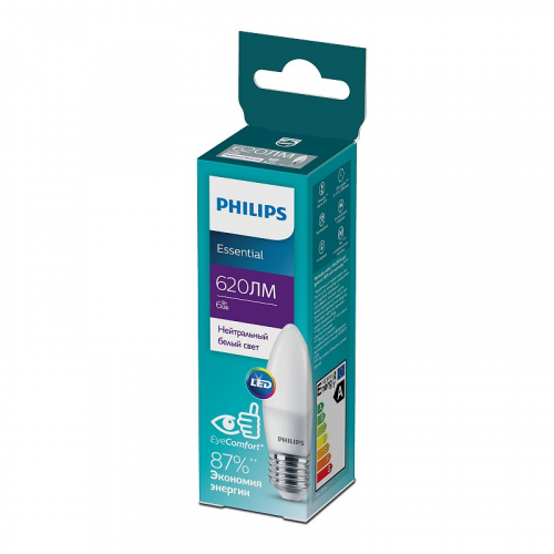 929002970907 Лампочка светодиодная Philips ESS LEDCandle B35 6Вт 4000K Е27 / E27 свеча матовая нейтральный белый свет, цена за 1 шт