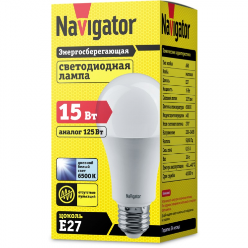 Светодиодная лампа груша Navigator 61 239 NLL-A60-15-230-6.5K-E27, цена за 1 шт