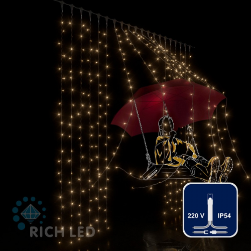 Светодиодный занавес (дождь) Rich LED 2*2 м, белый теплый, прозрачный провод,, цена за 1 шт