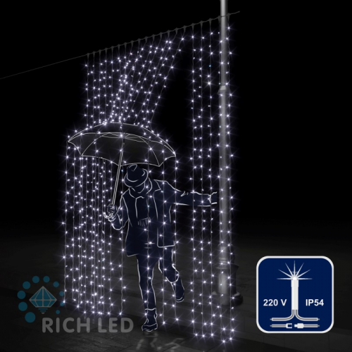 Светодиодный занавес (дождь) Rich LED 2*3 м, белый, мерцающий, прозрачный провод,, цена за 1 шт