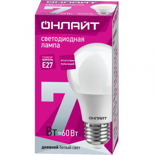 Светодиодная лампа груша ОНЛАЙТ 61 139 OLL-A60-7-230-6.5K-E27, цена за 1 шт