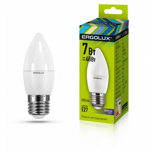 Ergolux LED-C35-7W-E27-6K (Эл.лампа светодиодная Свеча 7Вт E27 6500K 172-265В), цена за 1 шт