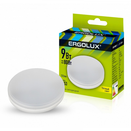 Ergolux LED-GX53-9W-GX53-3K (Эл.лампа светодиодная 9Вт GX53 3000К 180-240В), цена за 1 шт