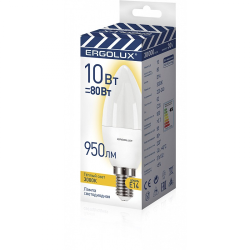 Ergolux LED-C35-10W-E14-3K (Эл.лампа светодиодная Свеча 10Вт E14 3000K 220-240В ПРОМО), цена за 1 шт