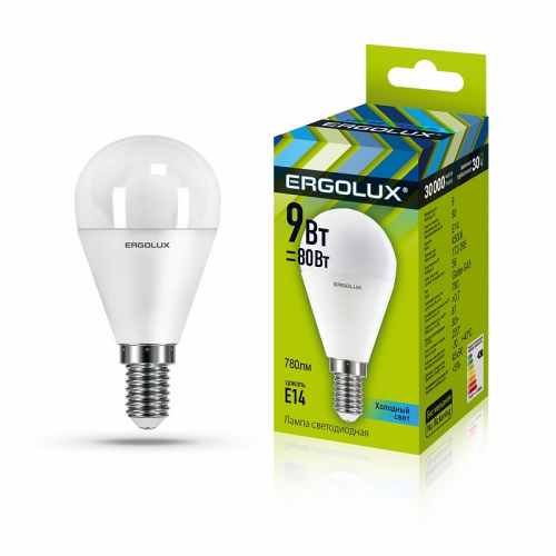 Ergolux LED-G45-9W-E14-4K (Эл.лампа светодиодная Шар 9Вт E14 4500K 172-265В), цена за 1 шт