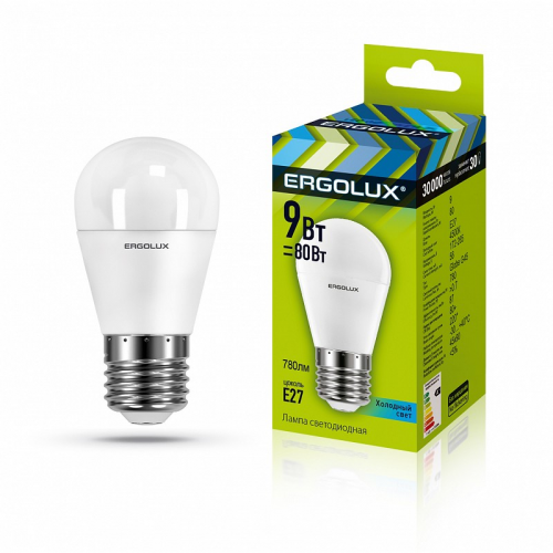 Ergolux LED-G45-9W-E27-4K (Эл.лампа светодиодная Шар 9Вт E27 4500K 172-265В), цена за 1 шт