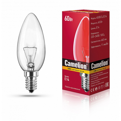 MIC Camelion 60/B/CL/E14 (Эл.лампа накал.с прозрачной колбой, свеча), цена за 1 шт