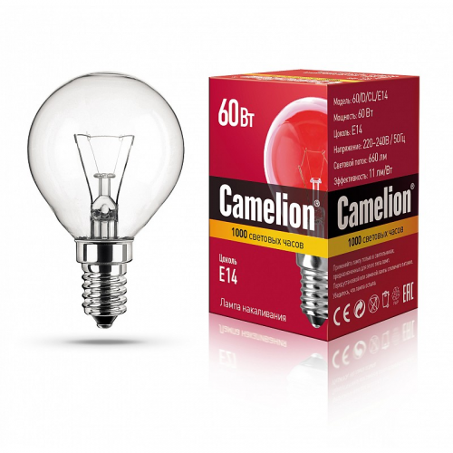 MIC Camelion 60/D/CL/E14 (Эл.лампа накал.с прозрачной колбой, сфера), цена за 1 шт