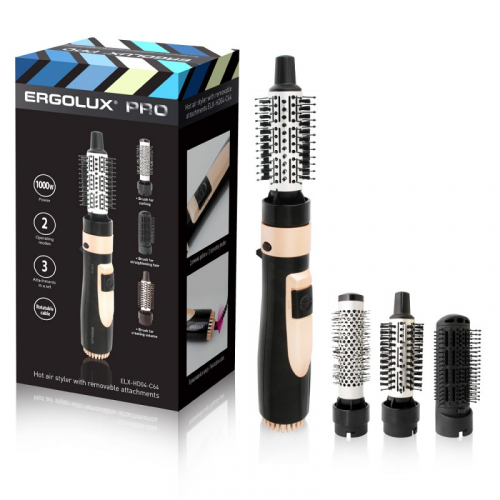 ERGOLUX ELX-HD04-C64 черный/золото PRO (фен-расческа с 3 насадками, 1000Вт, 220-240В), цена за 1 шт