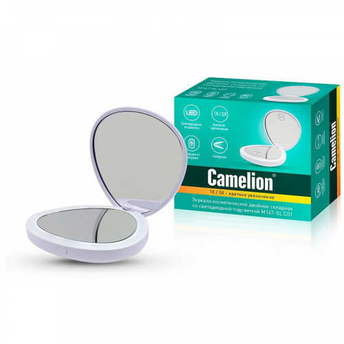 Camelion M147-SL C01 белый (Зеркало двойное с LED подсветкой складное,1х/5х, 2хCR2032), цена за 1 шт