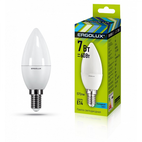 Ergolux LED-C35-7W-E14-6K (Эл.лампа светодиодная Свеча 7Вт E14 6500K 172-265В), цена за 1 шт