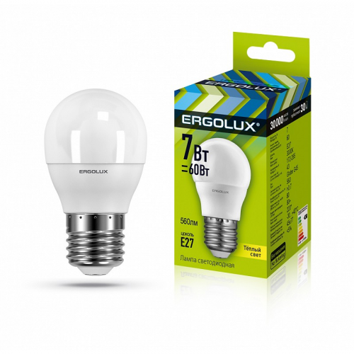 Ergolux LED-G45-7W-E27-3K (Эл.лампа светодиодная Шар 7Вт E27 3000K 172-265В), цена за 1 шт
